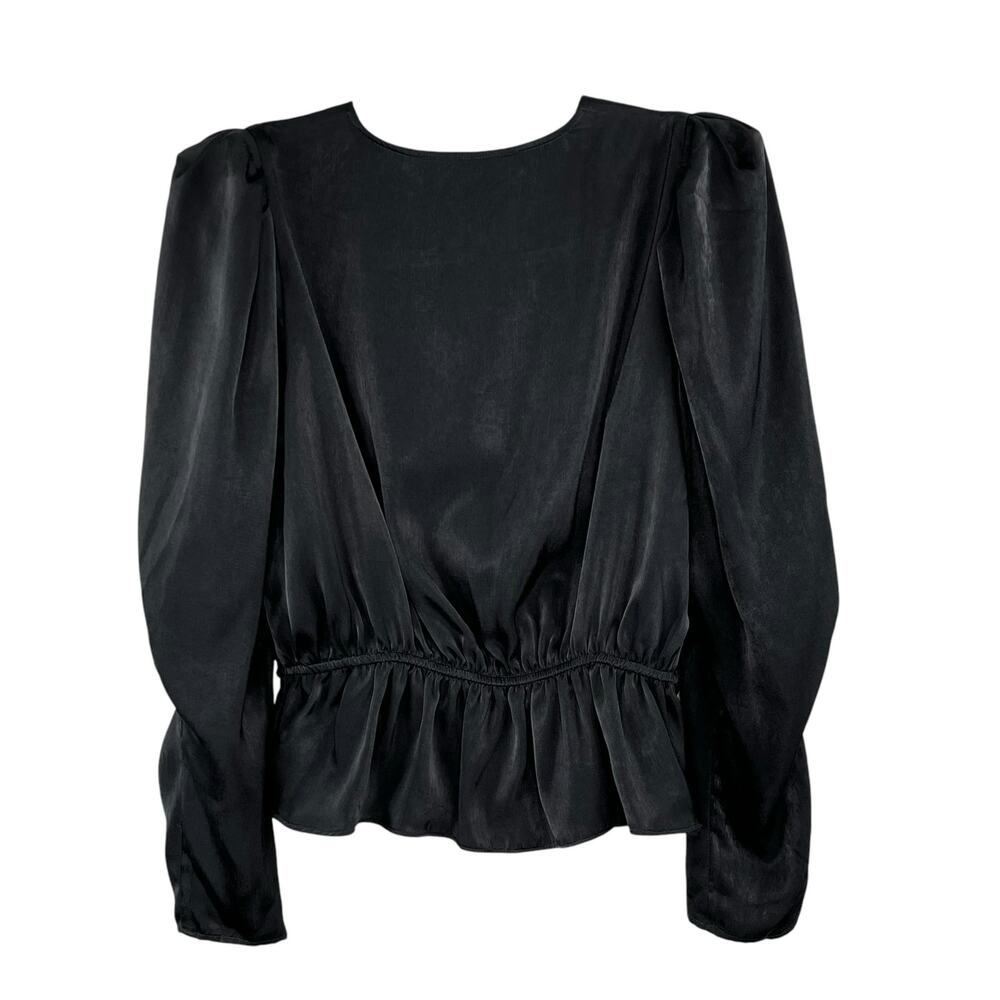 DKNY Black Satin Peplum Blouse V-Neck Long Puff Sleeve Evening Party XS NWT - Picture 3 of 13